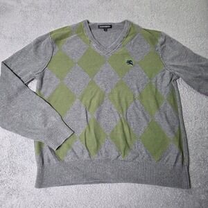 Express Mens Large Sweater Grey Green Argyle V-Neck Cotton Embroidered Logo
